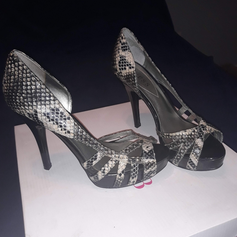 Guess Snakeskin Open-Toe Heels